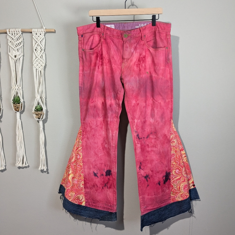 Upcycled Flare Festival Hand Tie Dyed Blue Jeans size 10/30